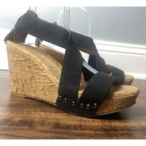 Lucky Brand Size 8 M Midge Cork and Black Canvas & Leather Wedge Platform Heels